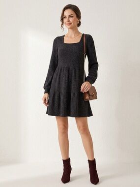 Square Neck Long Sleeve Knit Tiered Dress - Black
SOLD OUT